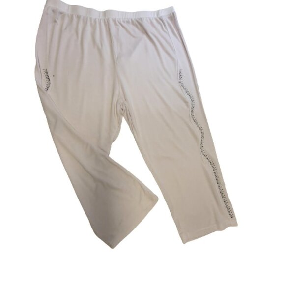 𝅺WHITE Elastic Waist Cotton Poly Capri Pants with Sequin Accents  Size L/XL - Picture 6 of 8